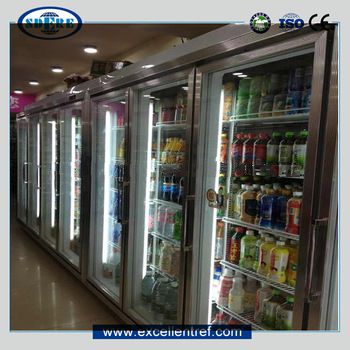 glass door type chiller showcase for pre-packaged dairy display in supermarket
