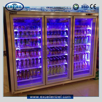 glass door type chiller showcase for pre-packaged dairy display in supermarket