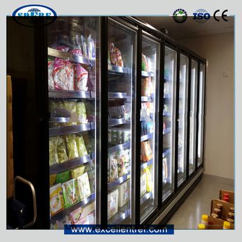glass door type chiller showcase for pre-packaged dairy display in supermarket