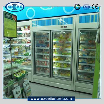 side by side glass door refrigerator showcase for beverage/dairy display