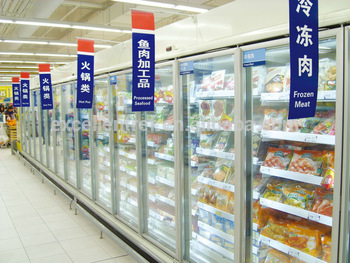 upright freezer showcase with compressor inside for frozen display in supermarket