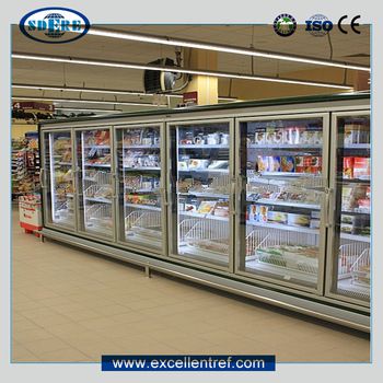 upright freezer showcase with compressor inside for frozen display in supermarket