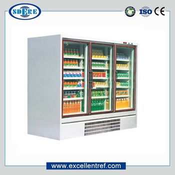 upright freezer showcase with compressor inside for frozen display in supermarket