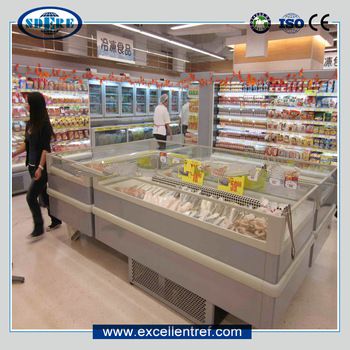 refrigerator and freezer of Plug in island cabinet for frozen food promotion
