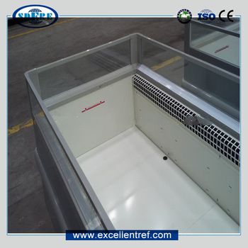 horizontal chest freezer used for frozen meat seafood promotion