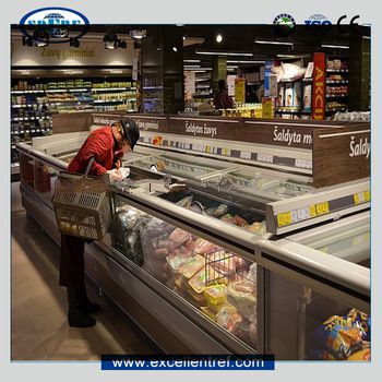 horizental refrigerator used as ice cream popsicle display showcase in supermarket