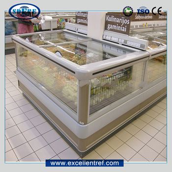 horizental refrigerator used as ice cream popsicle display showcase in supermarket