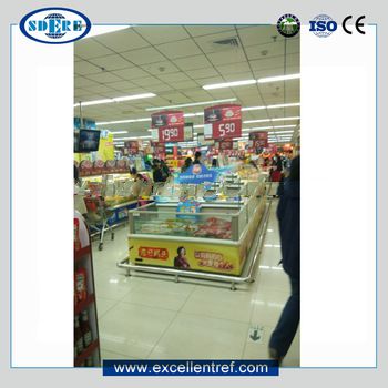frozen food display refrigerator of horizonal type in supermarket