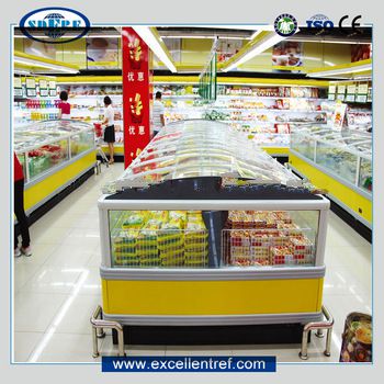 chest freezer for ice cream display in supermarket with glass door top covered