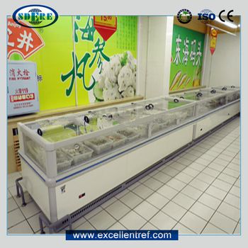 show case refrigerator freezer of single island type for frozen fish meat display in supermarket