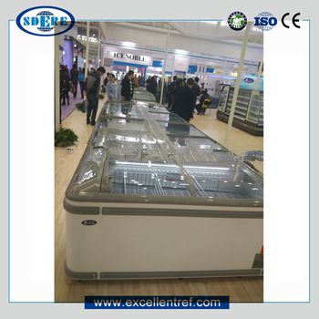 show case refrigerator freezer of single island type for frozen fish meat display in supermarket