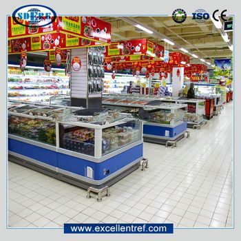 horizontal deep freezer used as a commercial refrigerator in supermarket for frozen food/fish/meat/seafood display