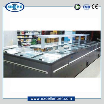 gelato display showcase of single island type used in supermarket