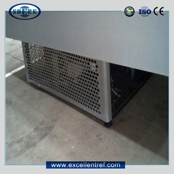 top open display refrigerator used as seafood frozen food showcase in supermarket