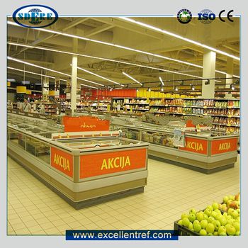 ice cream freezers of double island refrigerator showcase used in supermarket