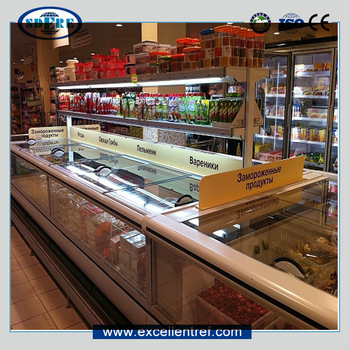 cabinet freezer of island type used as frozen food display showcase
