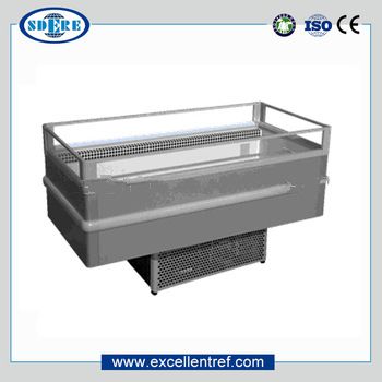 horizontal open top freezer showcase for meat seafood shrimp in supermarket