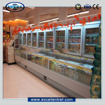 upright combination showcase of freezer type for pre-packaged food display and sale