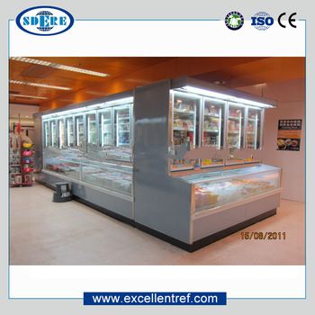 combination freezer cabinet used as frozen food display showcase in supermarket