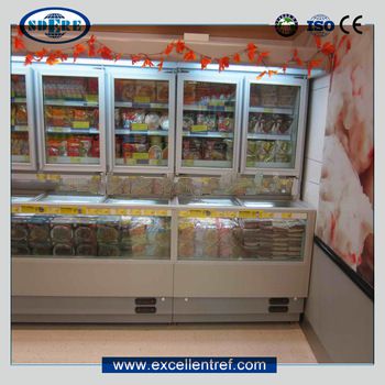 upright freezer showcase of combination type in supermarket for frozen food display