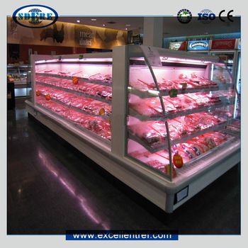 semi-vertical multideck refrigerator used as pastry showcase in supermarket