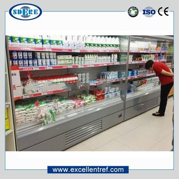 open faced refrigerator showcase for beverage and dairy