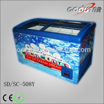 New curved glass door frozen food ice cream freezer