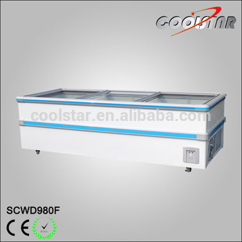Glass door island freezer with double compressors