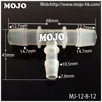 MJ-T12-8-12Three way barbed type 8mm-12mm diameter Reducing plastic Pipe connector TEE type three way connector parts
