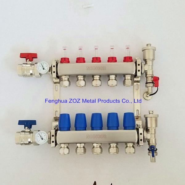 5 Zone Stainless Steel Radiant Heating PEX Manifold with 1/2  PEX Adapter