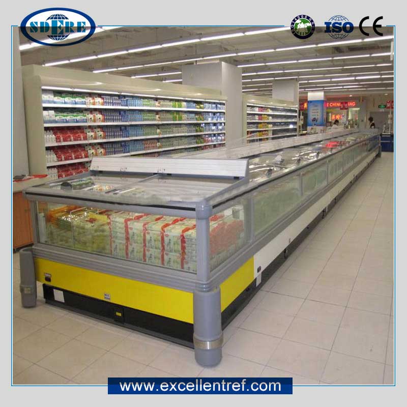 frozen vegetable showcase of island freezer in supermarket