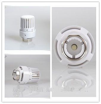 Hot water temperature control head with liquid element for radiator valve