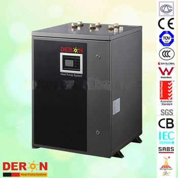 Portable residential water brine to water/ geothermal heat pump for shower and heated floor with low noise