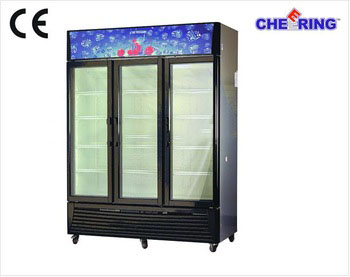 Upright three door glass supermarket display chiller for beverage china factory OEM refrigeration equipment