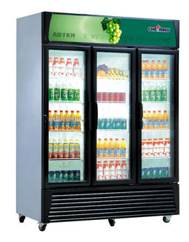 Three door glass beverage display cooler with wheels