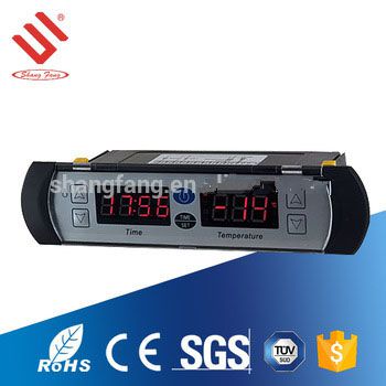 Dual window refrigeration cabinet temperature controller with clock
