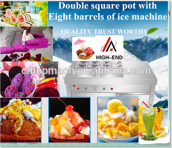 2220v/50hz /1200W Thailand 2 pans frying ice cream with 8 topping pan fried ice cream roll machine