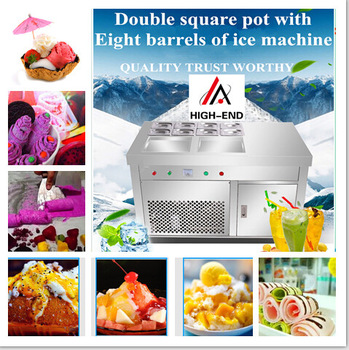 Double square pot with eight barrels /Thailand 2 pans frying ice cream with 8 topping pan fried ice cream roll machine