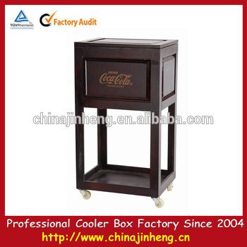 Large plastic insulated wooden cooler box with beer carrier